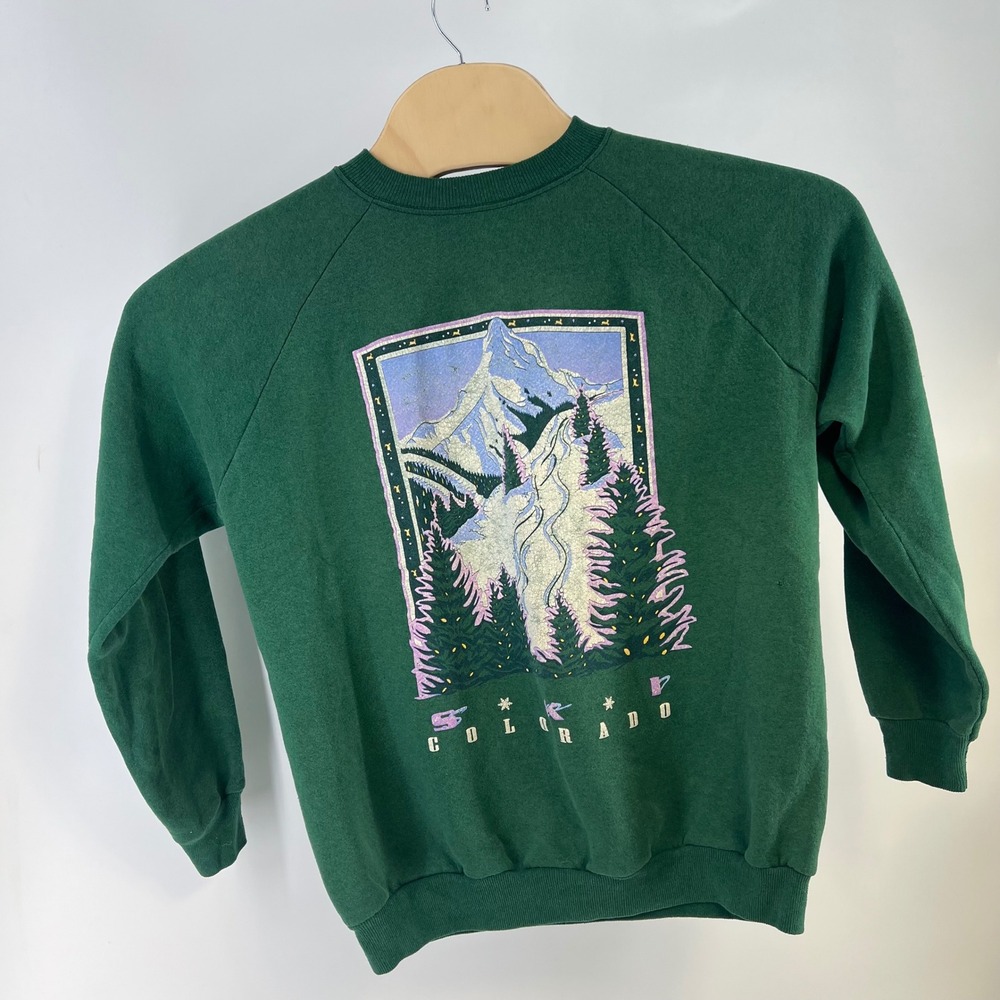 Vintage 90s Hanes Colorado Ski Sweatshirt Green Mountain Graphic USA Made Raglan